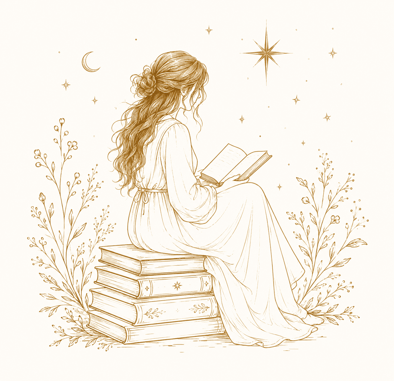 Ilustración de una mujer leyendo sobre una pila de libros
